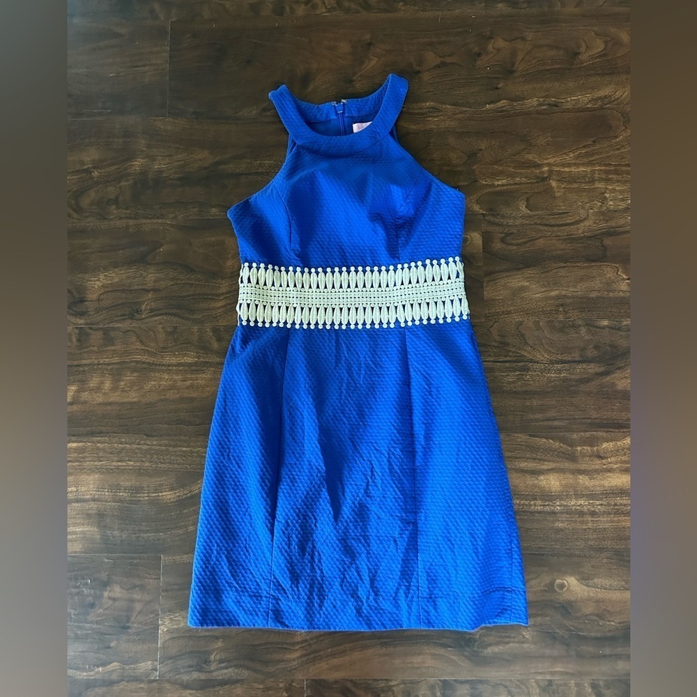 Lilly Pulitzer Ashlyn Shift Dress 
Size 2 
Royal Bomber Blue 
Gold Lace Accent